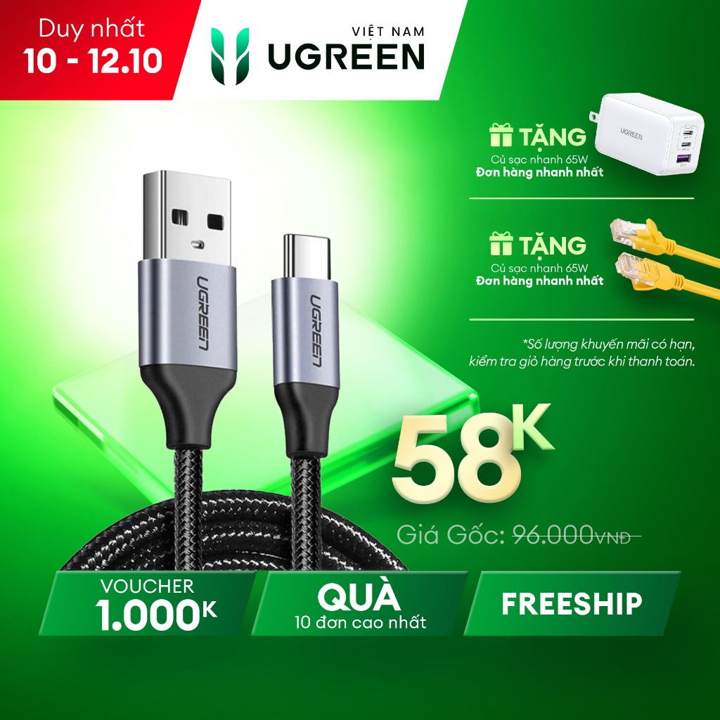 Cáp sạc USB 2.0 A sang Type C Ugreen US288 | Dòng sạc 3A 15W 18W | Bảo Hành 1 đổi 1 18 Tháng | 60225 60114 60115 60116 6