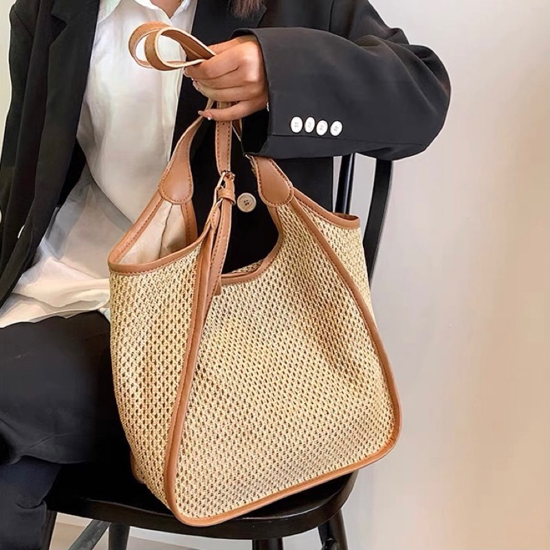 Túi cói tote viền da vintage mẫu mới Tiệm Cói Xinh