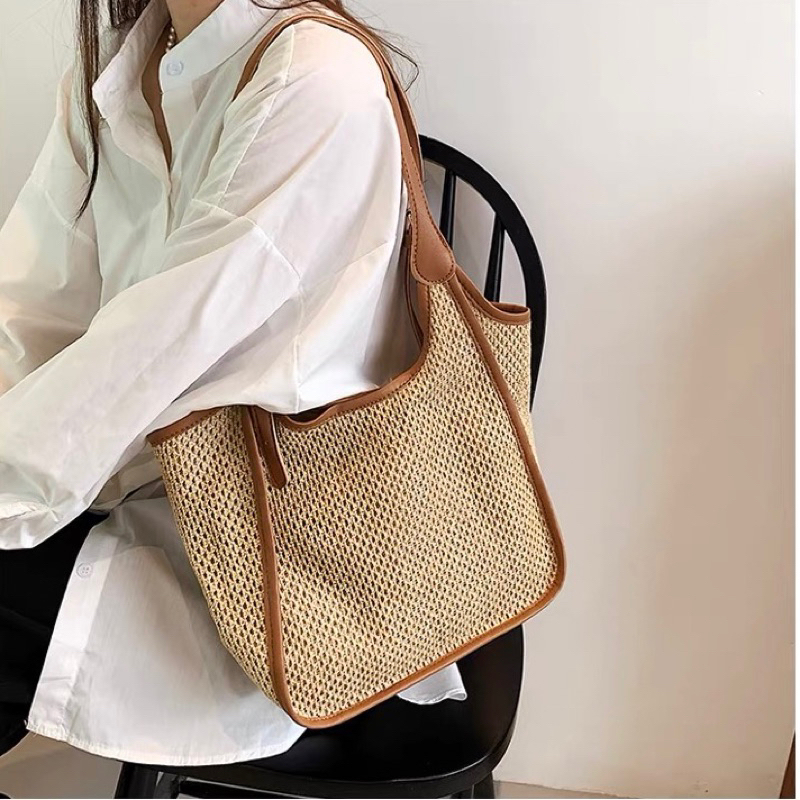 Túi cói tote viền da vintage mẫu mới Tiệm Cói Xinh