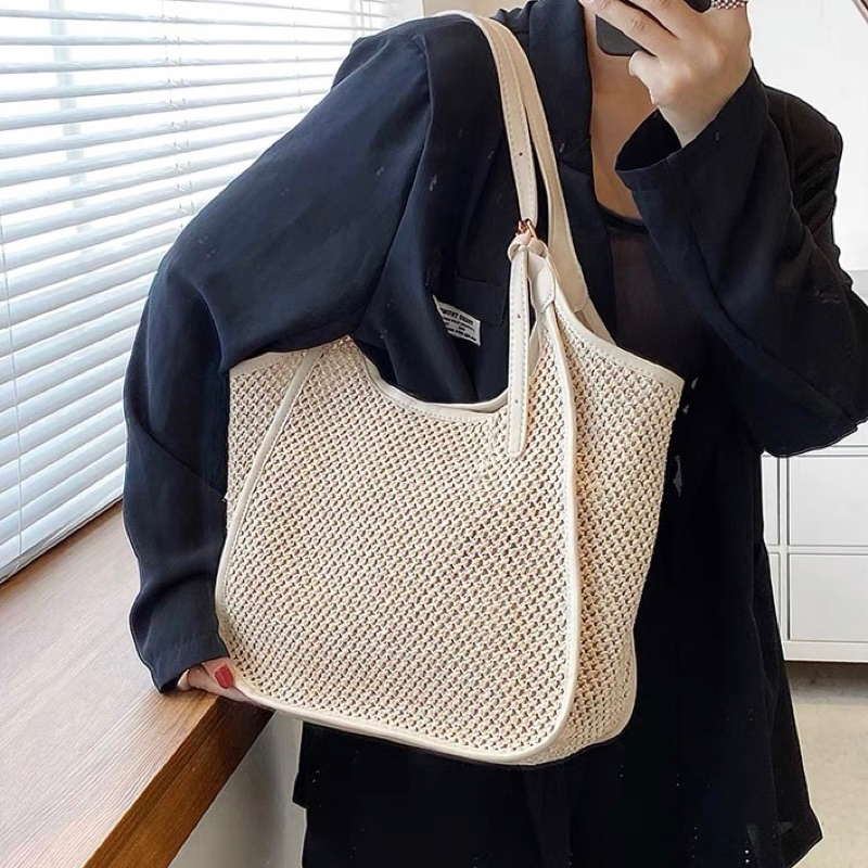 Túi cói tote viền da vintage mẫu mới Tiệm Cói Xinh
