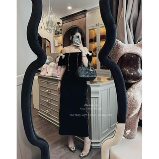 VÁY NHUNG ĐÍNH NƠ TRỄ VAI DÁNG SUÔNG DÀI - kim anh bùi