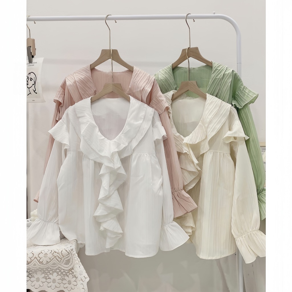 Áo Sơ Mi Babydoll Cổ Bèo Tiểu Thư Chất Đũi Gân