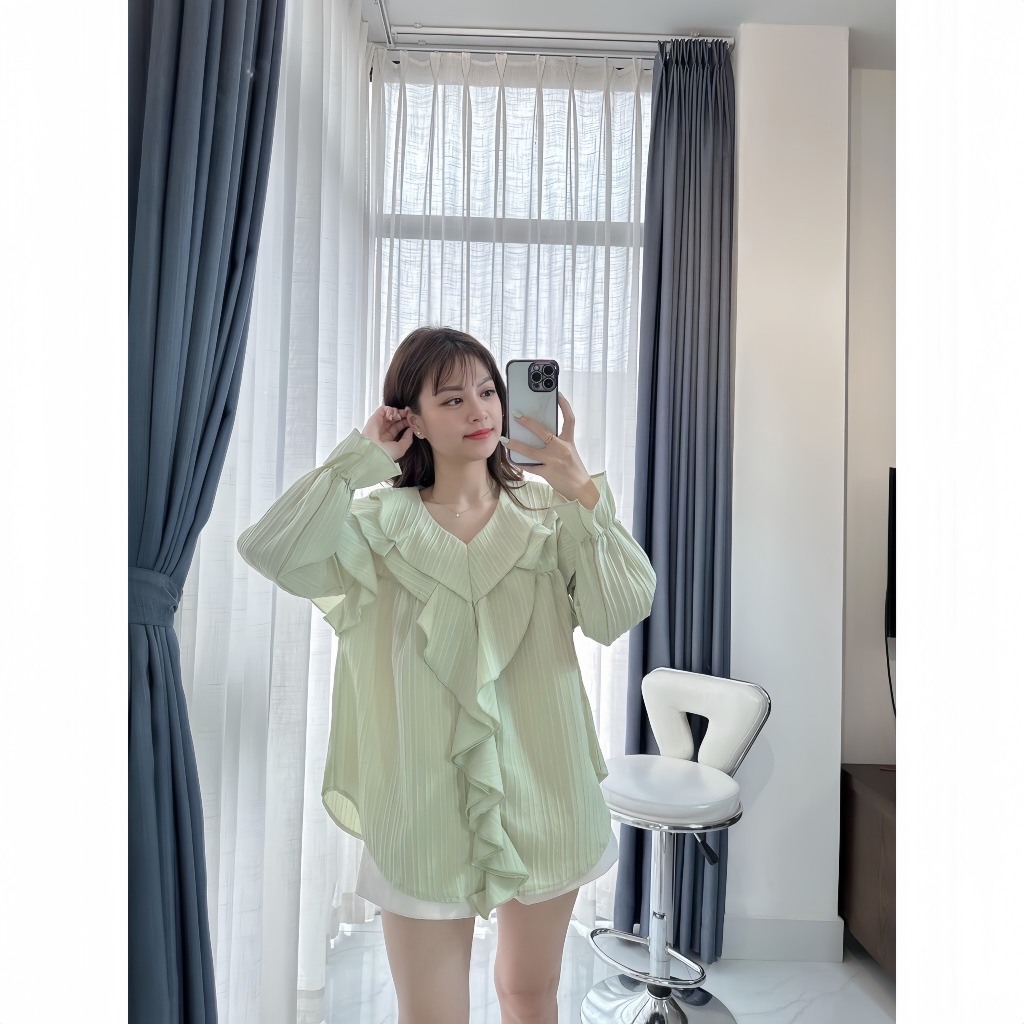 Áo Sơ Mi Babydoll Cổ Bèo Tiểu Thư Chất Đũi Gân