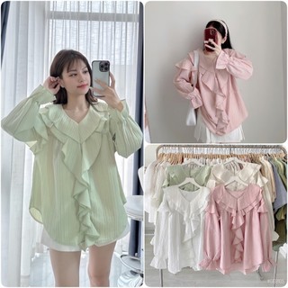 Áo Sơ Mi Babydoll Cổ Bèo Tiểu Thư Chất Đũi Gân