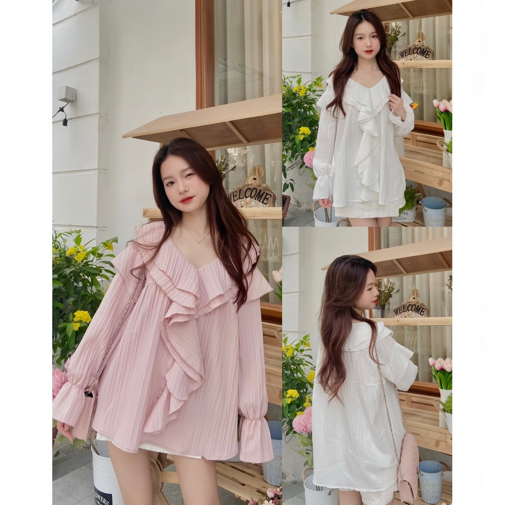 Áo Sơ Mi Babydoll Cổ Bèo Tiểu Thư Chất Đũi Gân