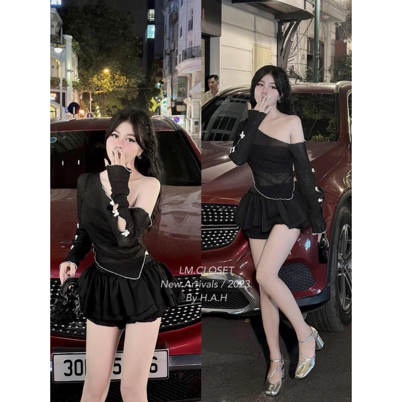 SET ÁO LEN LỆCH VAI ĐÍNH NƠ TAY DÀI VẠT NHỌN PHỐI CHÂN VÁY TẦNG