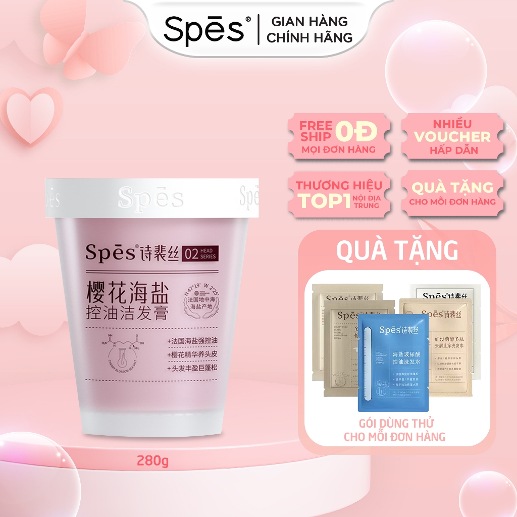 Dầu gội SPES kiềm dầu tẩy tế bào chết muối biển - Dưỡng tóc bồng bềnh tinh chất Hoa Anh Đào 280g