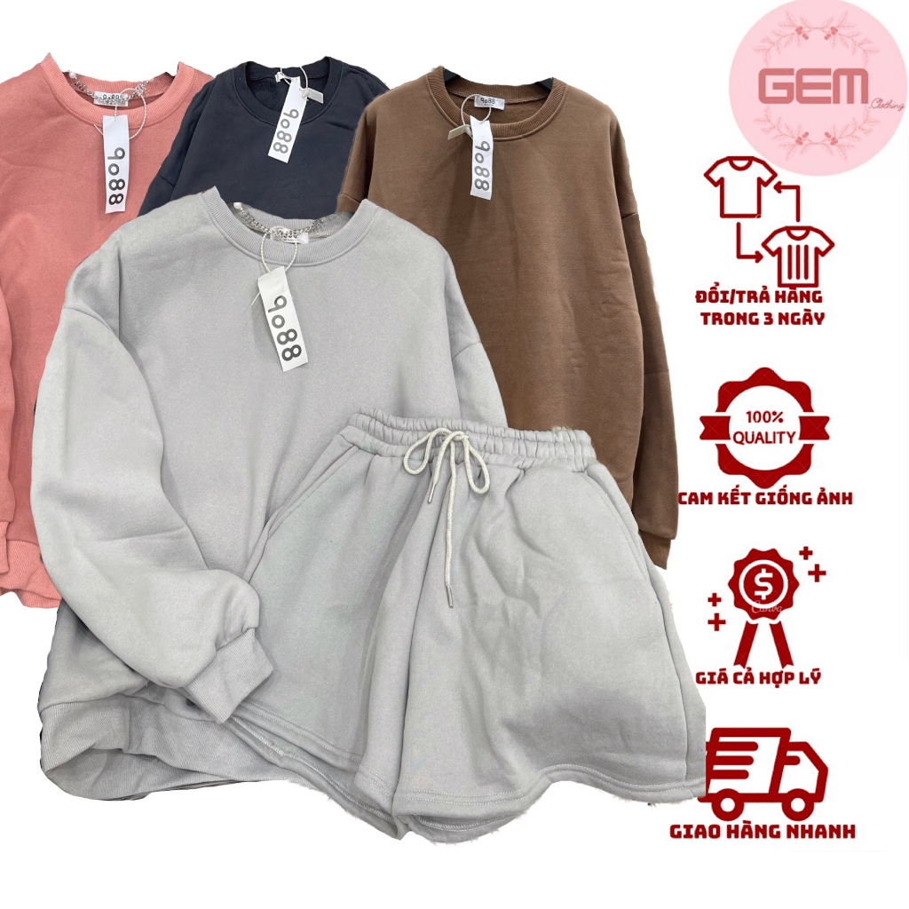 Set bộ nỉ bông trơn basic áo sweater ( có bo chun) quần đùi form rộng unisex, bộ nỉ trơn ulzzang tay bồng phong cách Hàn