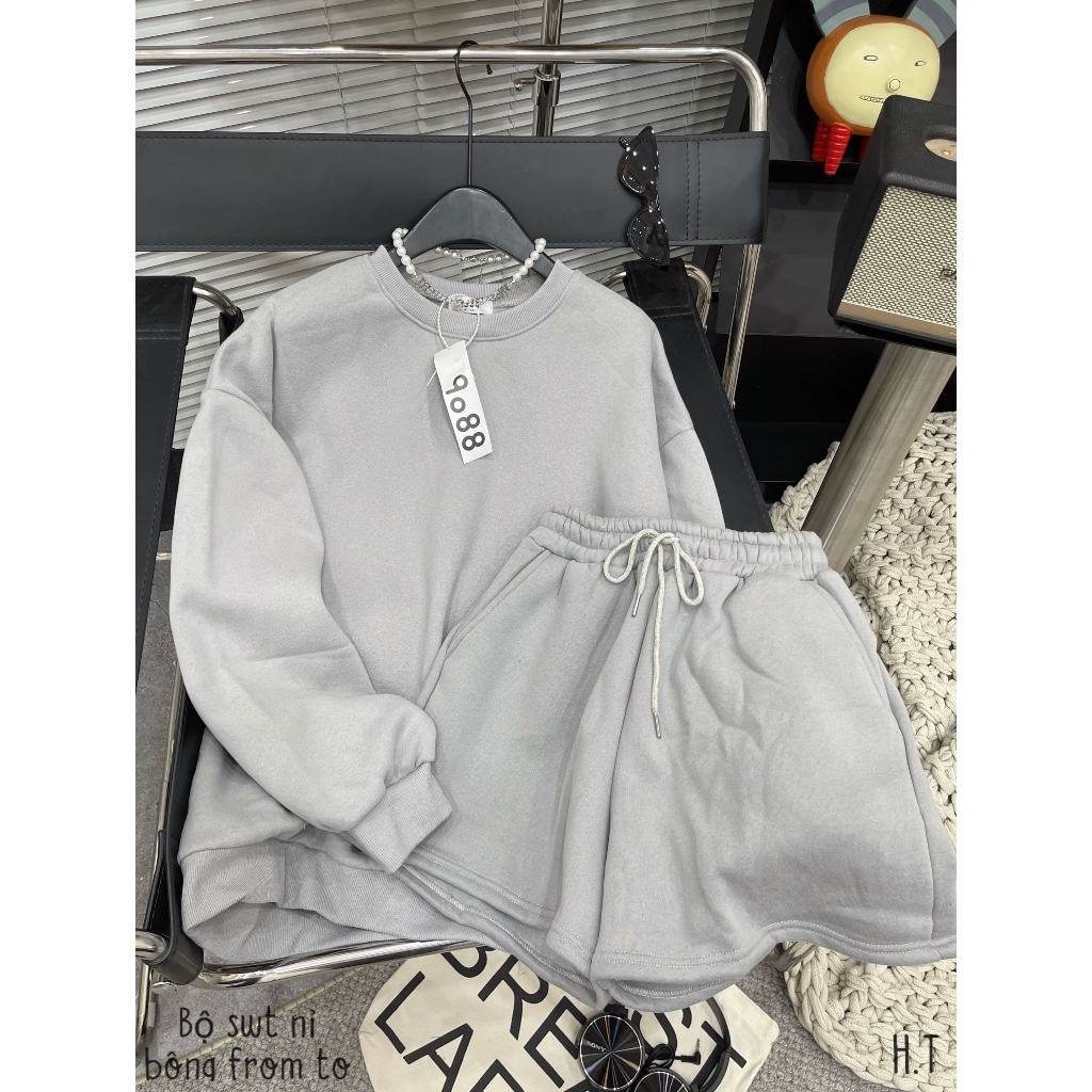 Set bộ nỉ bông trơn basic áo sweater ( có bo chun) quần đùi form rộng unisex, bộ nỉ trơn ulzzang tay bồng phong cách Hàn