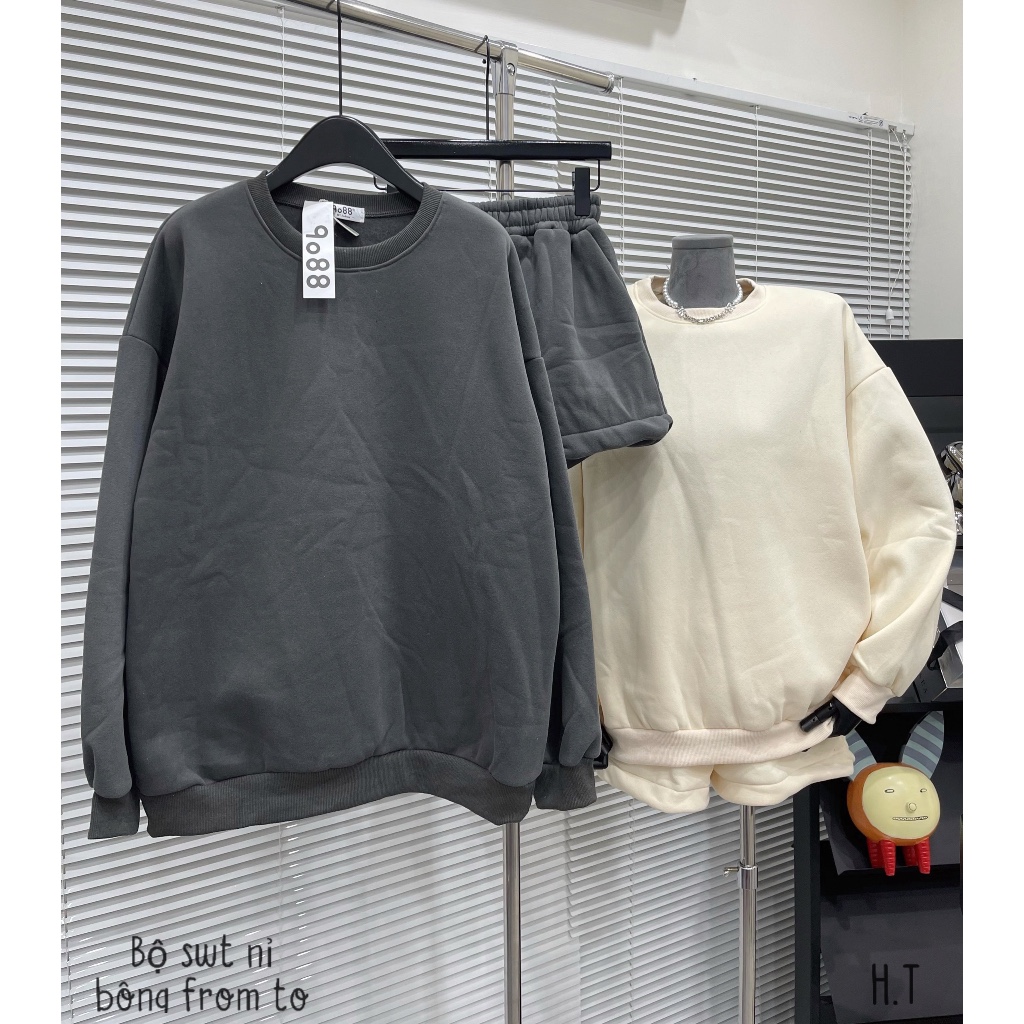 Set bộ nỉ bông trơn basic áo sweater ( có bo chun) quần đùi form rộng unisex, bộ nỉ trơn ulzzang tay bồng phong cách Hàn