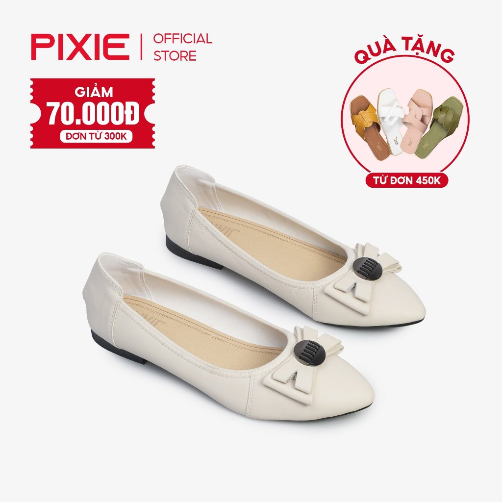 Giày Búp Bê Bệt Da Thật Mũi Nhọn Phối Nơ H208 Pixie