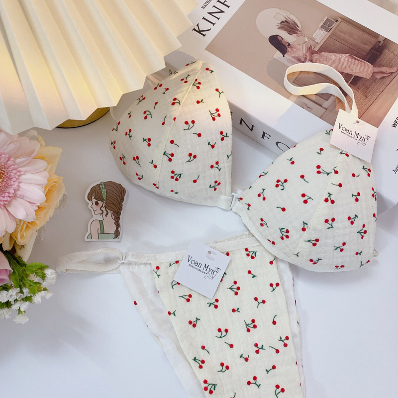Set Cherry Nội y thiết kế Voan Mya, áo bra mút mỏng, không gọng Voanmya