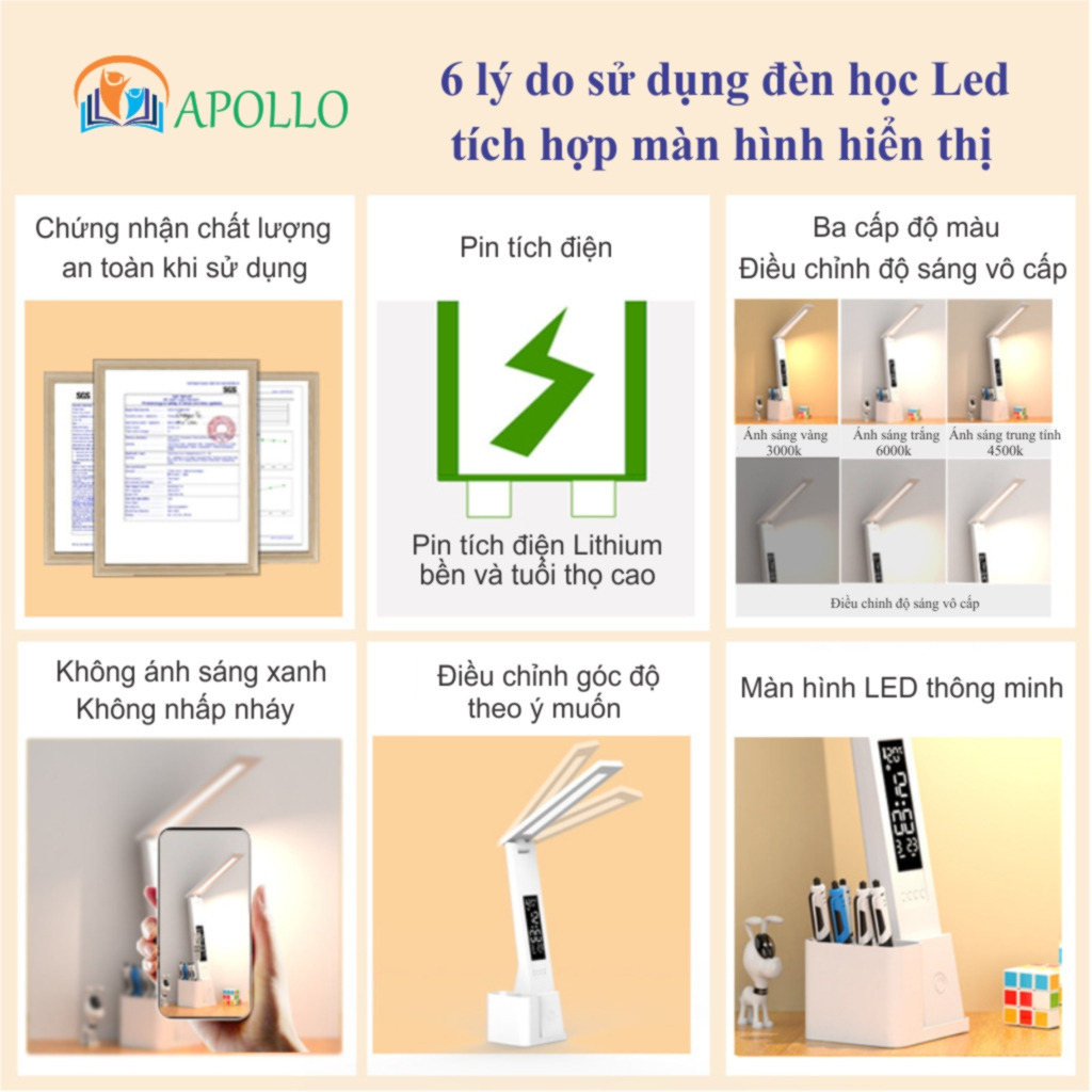 Đèn học chống cận Apollo, Đèn LED tích hợp màn hiển thị LCD, Pin tích điện 3200mAh, hộp bút