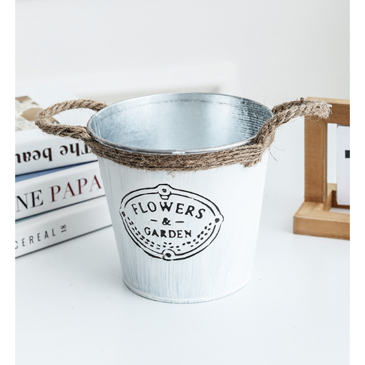 Xô sắt mini trơn dán chữ quai dây thừng XOS29 trang trí tiểu cảnh chậu sắt cắm hoa cắm bút để dụng cụ decor 10cm