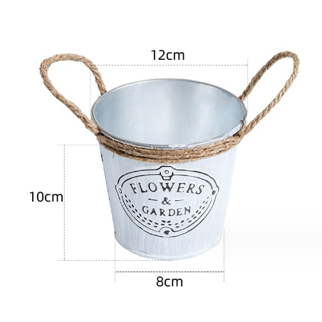 Xô sắt mini trơn dán chữ quai dây thừng XOS29 trang trí tiểu cảnh chậu sắt cắm hoa cắm bút để dụng cụ decor 10cm