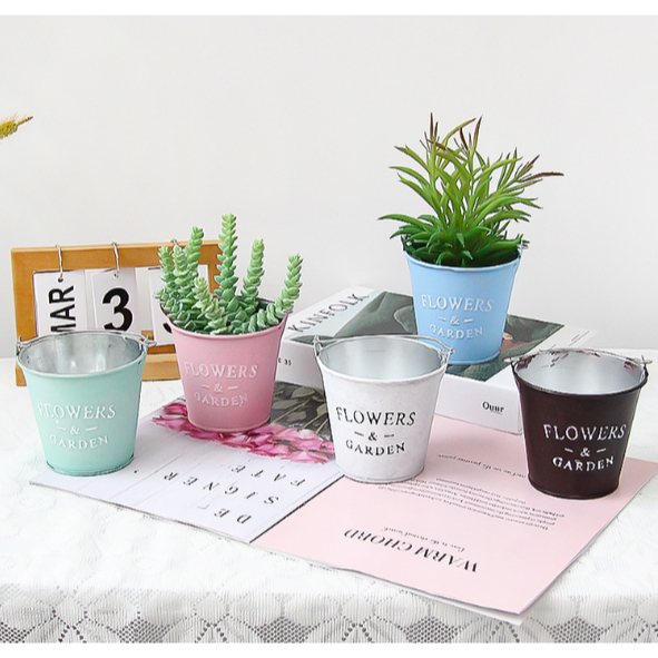 Xô sắt mini pastel quai sắt giập nổi vintage XOS25 trang trí tiểu cảnh chậu sắt cắm hoa cắm bút để dụng cụ decor