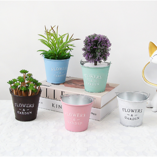 Xô sắt mini pastel quai sắt giập nổi vintage XOS25 trang trí tiểu cảnh chậu sắt cắm hoa cắm bút để dụng cụ decor