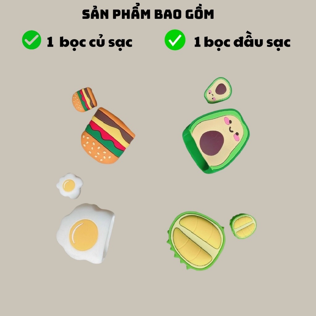 Bộ Phụ Kiện Bảo Vệ Củ Sạc Và Đầu Cáp Sạc Bằng Silicon Cho Sạc Nhanh IPHONE PD 18W/20W Họa Tiết Hoạt Hình Dễ Thương