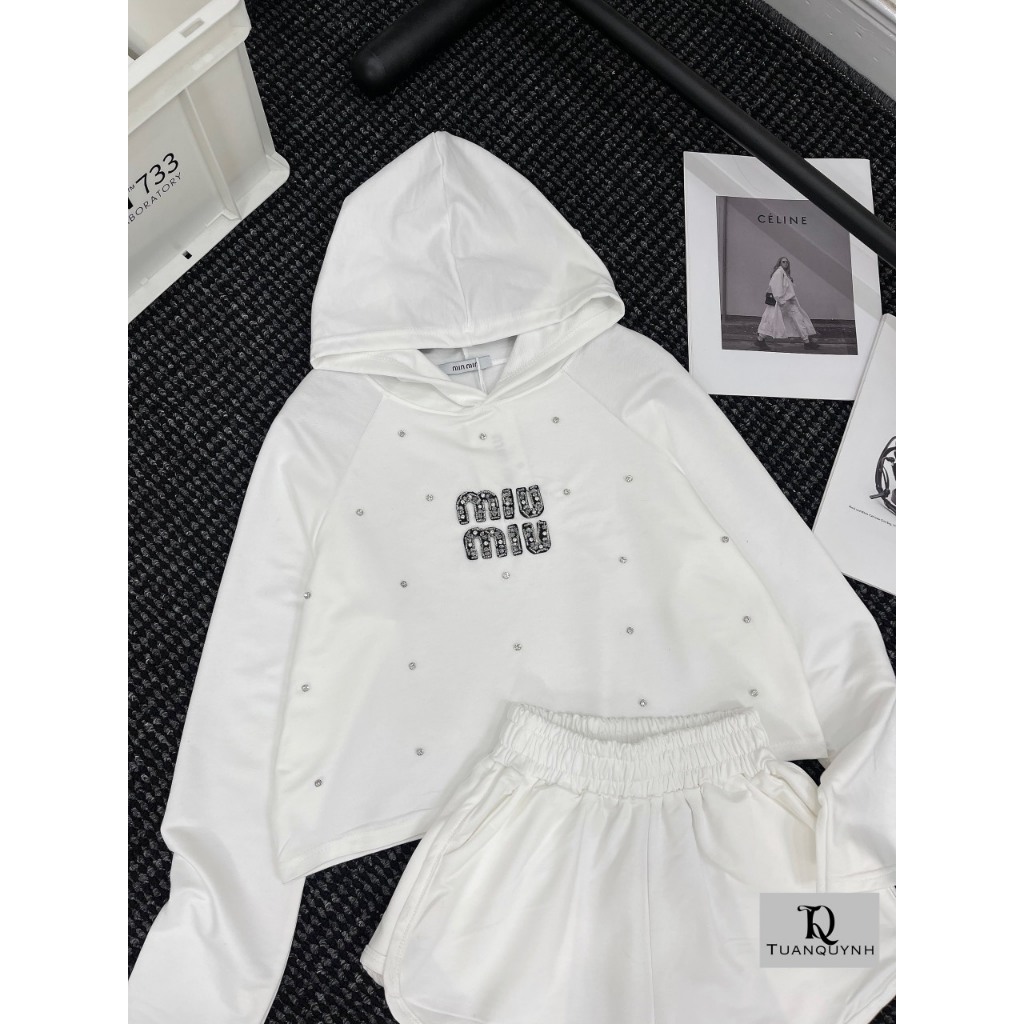 Set Bộ Nỉ Áo Hoodie Mũ & Quần sooc TERRAMY Chữ Nổi Đính Đá Basic uncover basic Nữ-HDUNCOVER