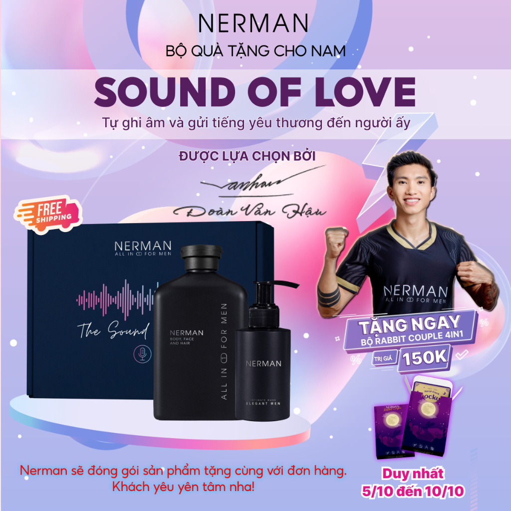 Bộ quà tặng nam giới Sound of Love ghi âm lời nhắn 4.0 NERMAN-Sữa tắm gội 350ml&Gel vệ sinh nam 100ml&Gel rửa mặt 100ml