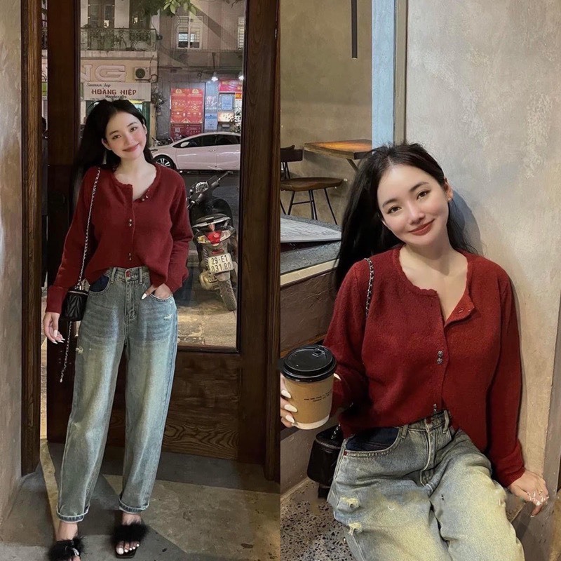 Cadigan cúc đôi hoa hồng