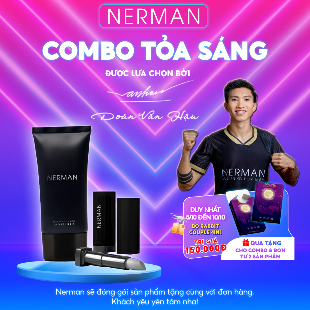 Combo tỏa sáng Nerman - Kem che khuyết điểm, chống nắng Invisible 50g & Son dưỡng ẩm, ngừa thâm Men in Black cho nam 4g