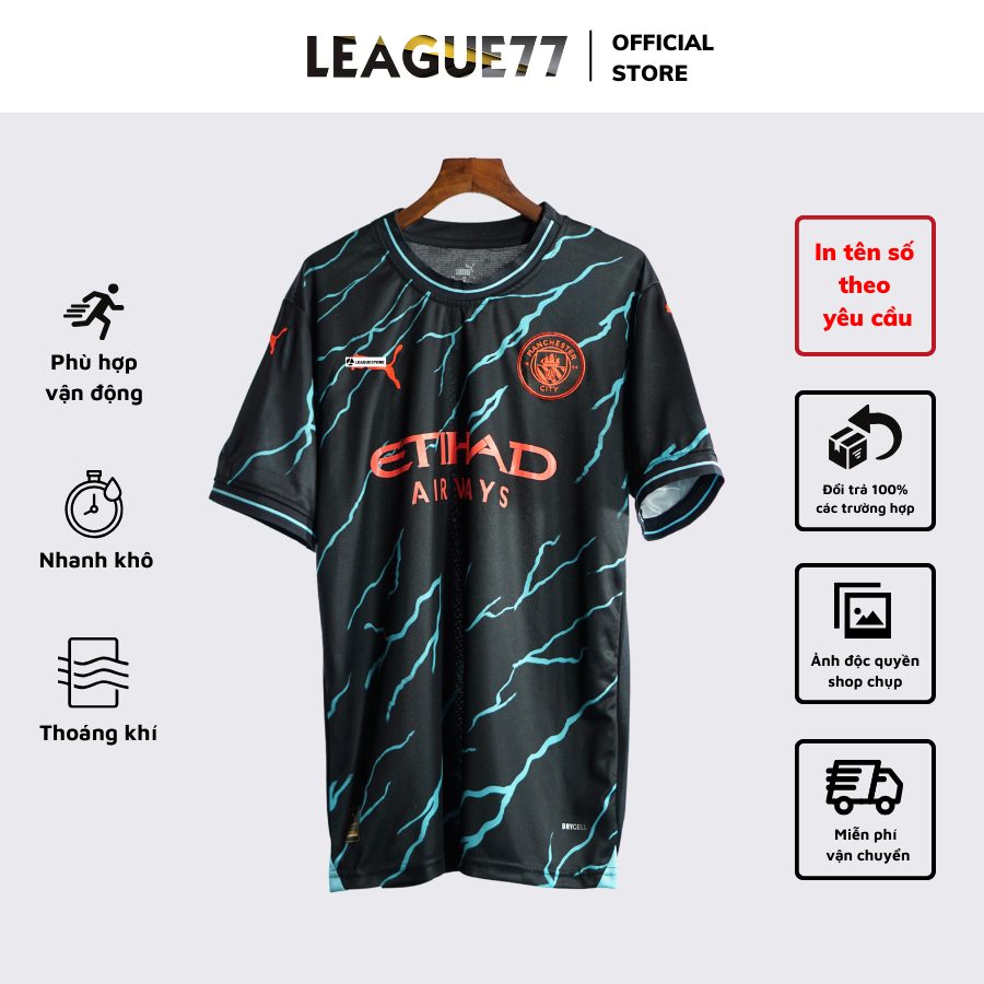 Bộ đá bóng Manchester city Leaguestore - quần áo bóng đá sân khách 23/24 màu đen họa tiết tia sét vải thái form âu