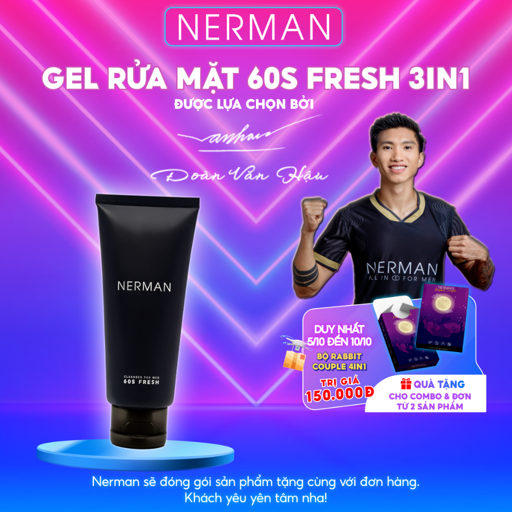 [Mã FMCGNE91 giảm 8% đơn 150K] Gel rửa mặt ngừa mụn nam Nerman Nano Curcumin 60s Fresh 100ml