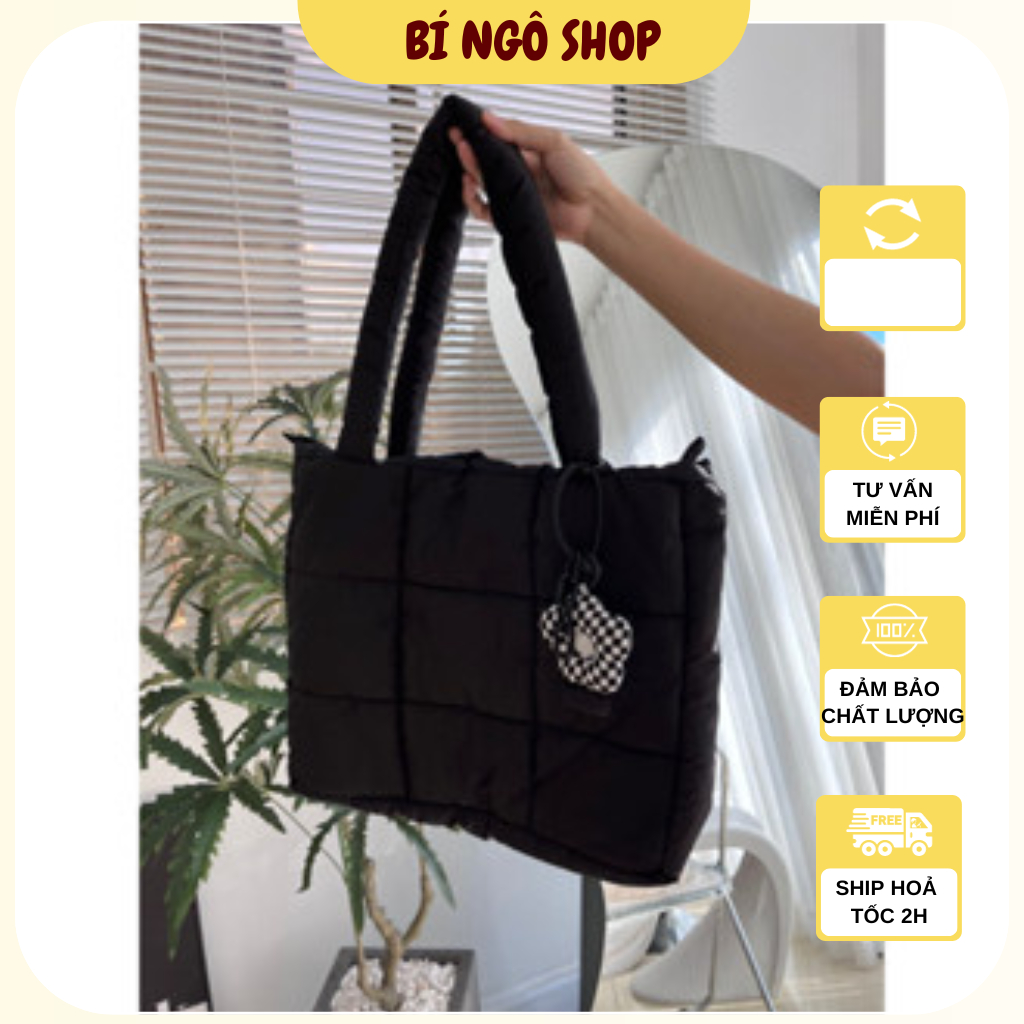 Túi tote chất vải phao cá tính học tiết sọc ô phồng đẹp kèm móc khóa ngẫu nhiên