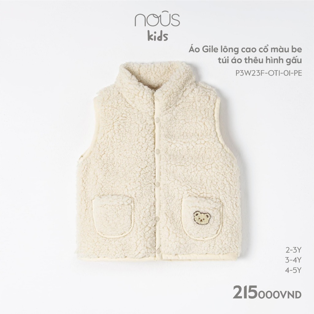 Áo Gile lông cao cổ màu be túi áo thêu hình gấu mềm mịn ấm áp Chính hãng Nous