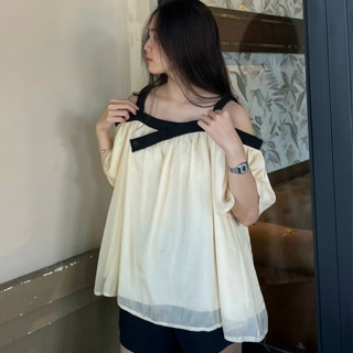 Shemin.Home_Set áo nữ trễ vai voan tơ phối viền đen kiểu dáng babydoll + quần đùi lưng chun (có tách quần/áo)