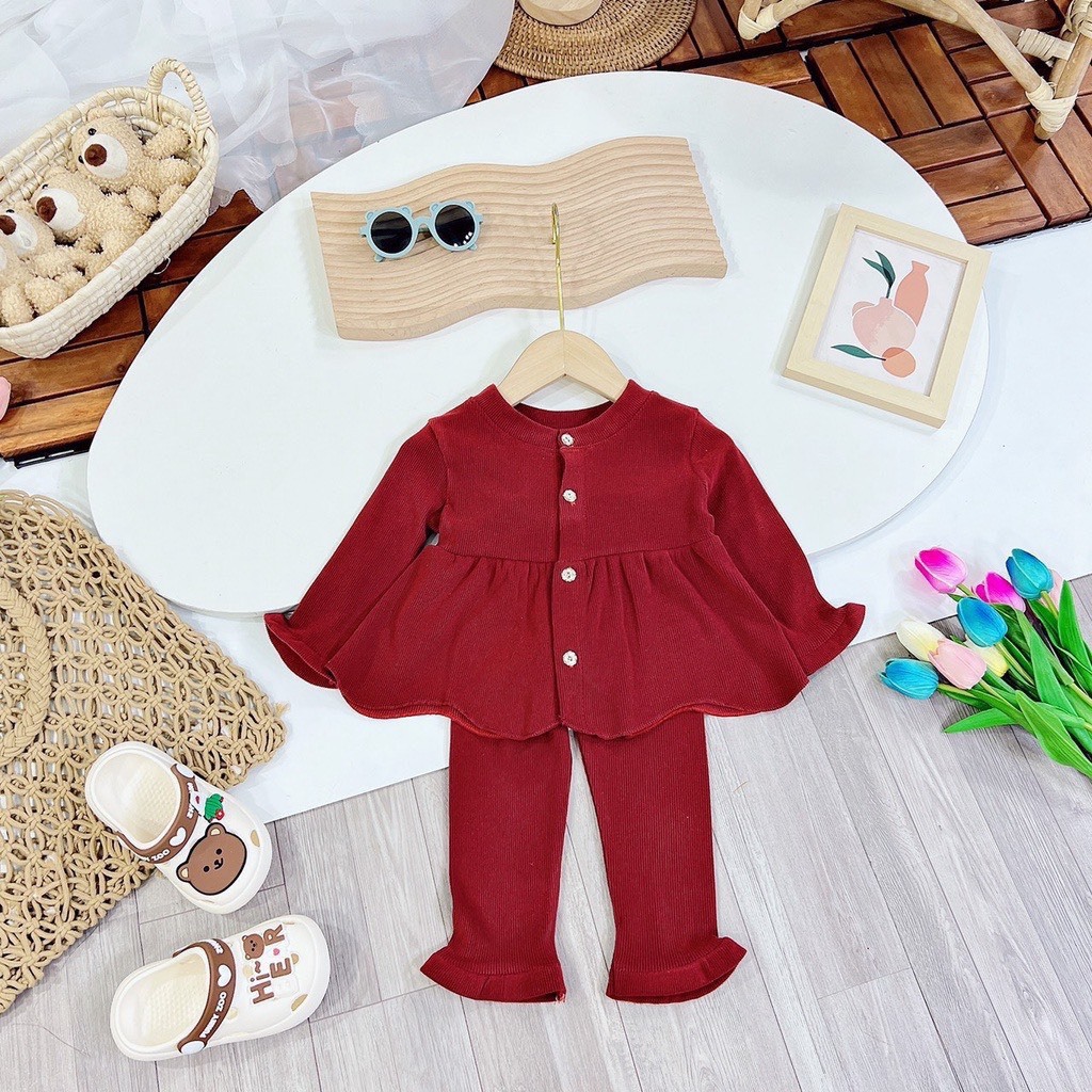 Bộ dài tay bé gái, vải nhung, dáng xòe, quần chạy bèo chân. Bé gái 8kg-18kg