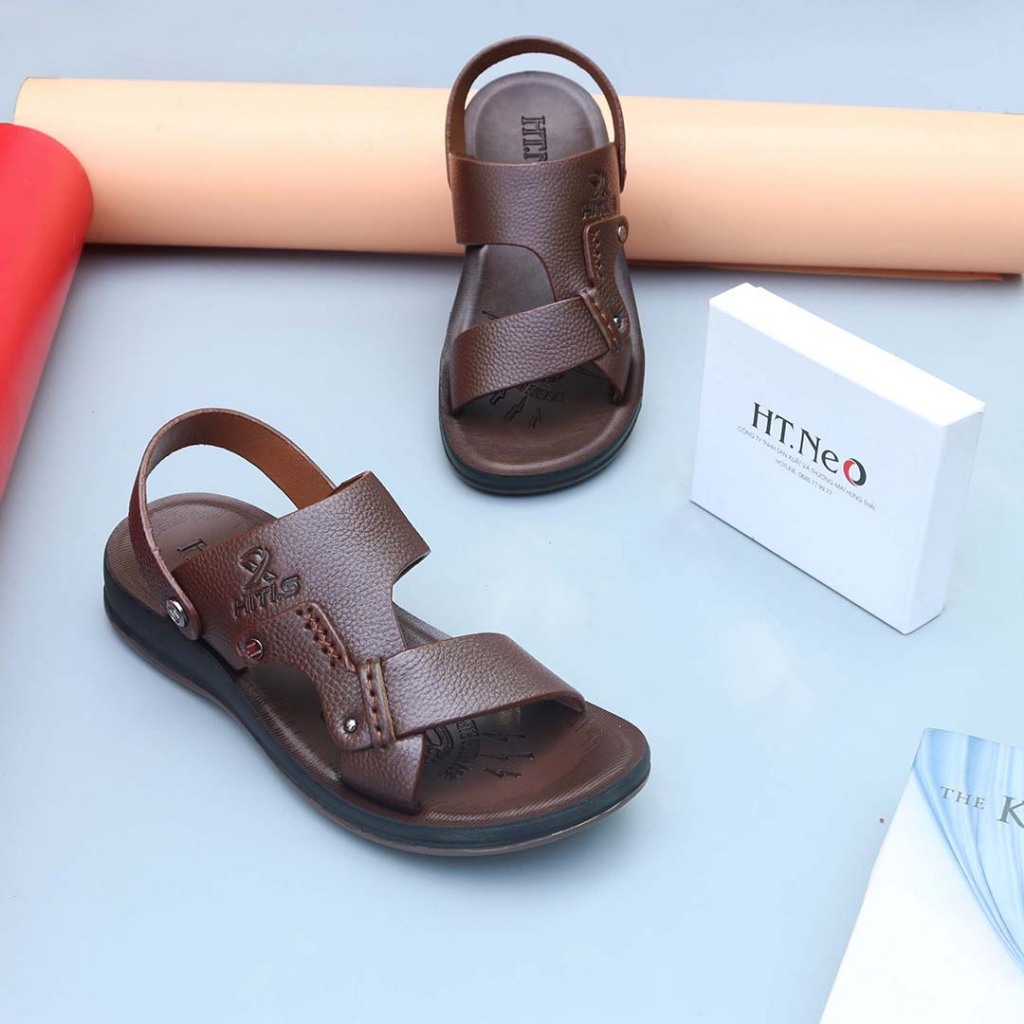 Dép quai hậu nam HT.NeO ,Sandal nam da bò đế kếp cao su tăng chiều cao êm mềm đi nước đi mưa thoải mái  thoáng mát HT854