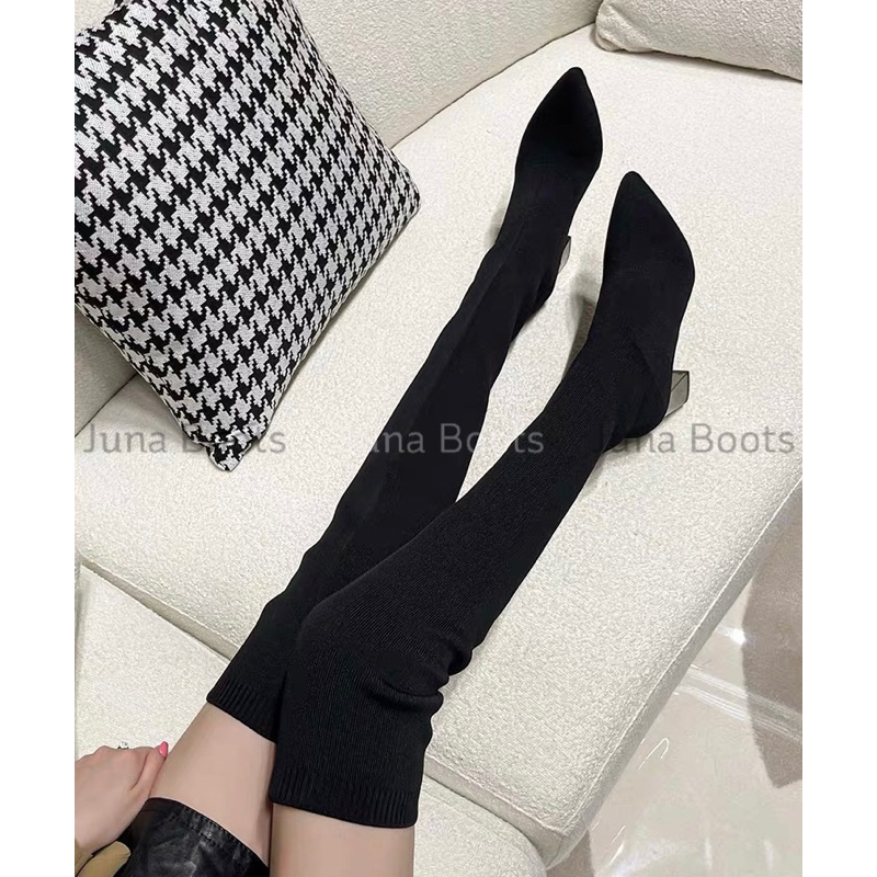Giày bốt len đùi quang châu cao cấp - Boots len đùi qua gối ôm chân da mềm gót tráng gương sang chảnh