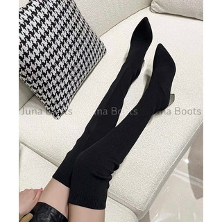 Giày bốt len đùi quang châu cao cấp - Boots len đùi qua gối ôm chân da mềm gót tráng gương sang chảnh