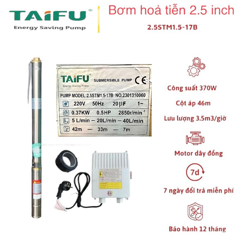 Bơm hỏa tiễn 370W (0.5HP) (2.5" Ø60 thả ống 76) thân inox 304 có hộp tụ đi kèm TAIFU - Bảo hành 1 năm