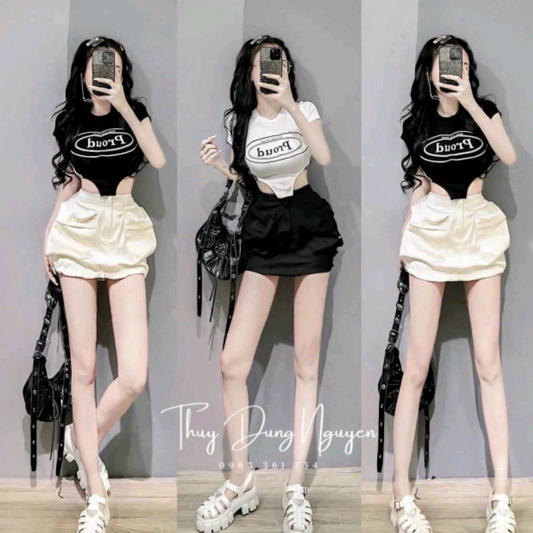 Áo thun body tay ngắn khoét eo vạt nhọn phối sọc 2 bên