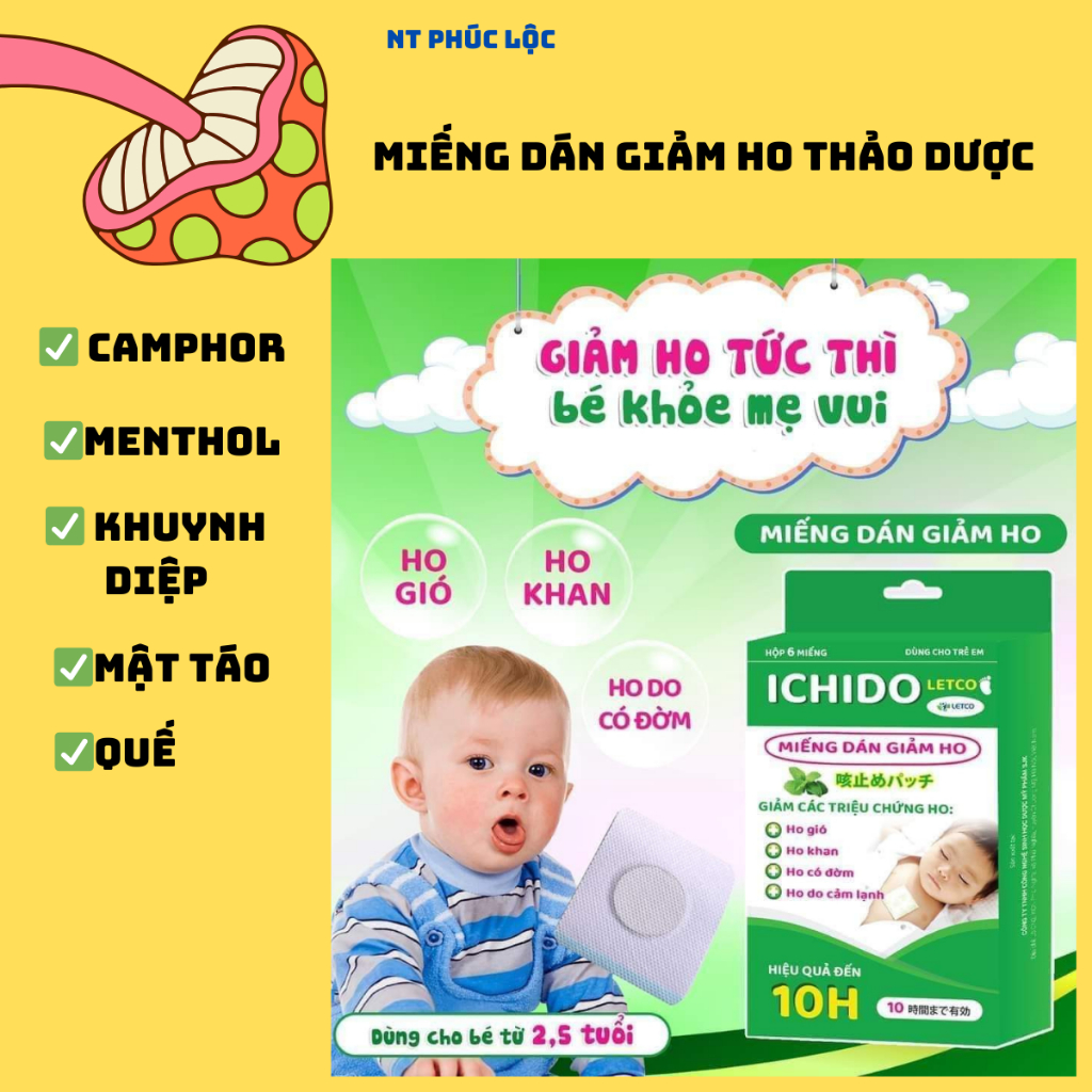 ICHIDO, miếng dán giảm ho cho bé, dán giảm ho thảo dược an toàn
