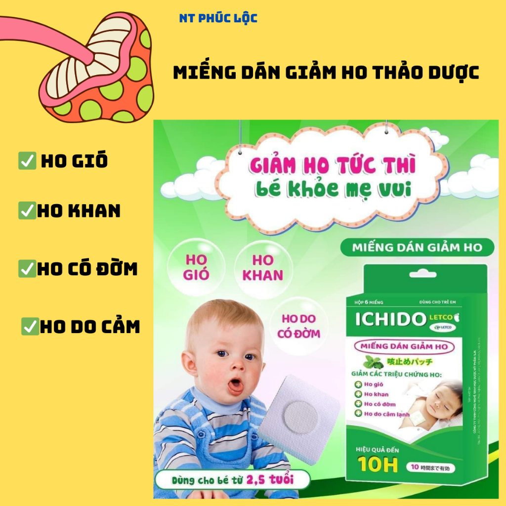 ICHIDO, miếng dán giảm ho cho bé, dán giảm ho thảo dược an toàn