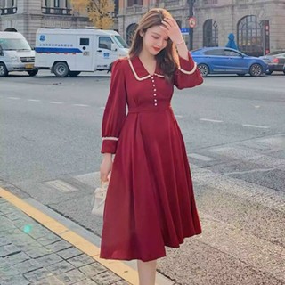 *Đầm đính nút siêu xinh 2 màu y hình thời trang nữ mặc đi dự tiệc chất liệu Umi cổ phối đính nút tay dài ôm eo xếp ly