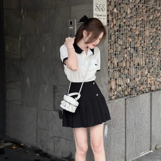 Set bộ áo cổ đức len xốp túi ngực mix chân váy xếp ly xòe