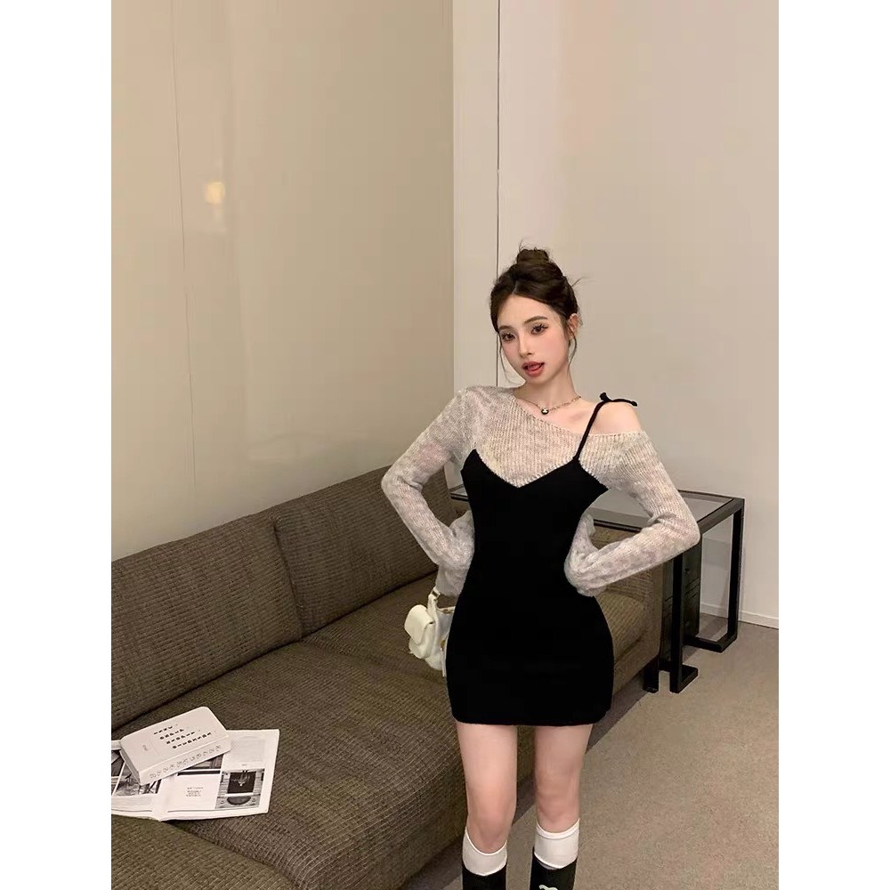 SET ĐẦM XÁM BẸT CUỐN BIÊN GÂN TĂM TAY LOE BODY SUÔNG + ĐẦM YẾM CỘT DÂY 1 BÊN