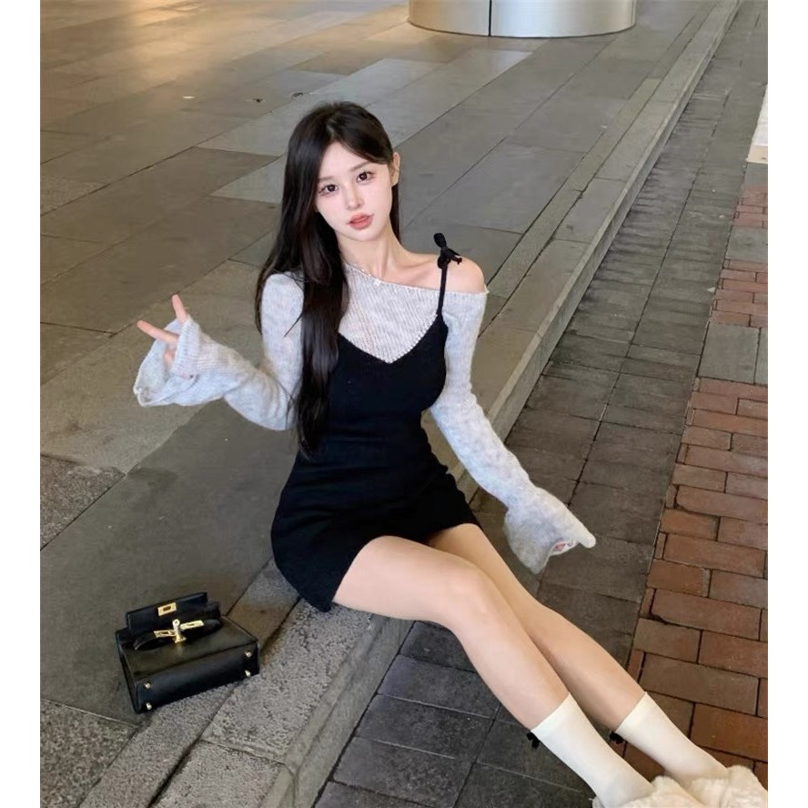 SET ĐẦM XÁM BẸT CUỐN BIÊN GÂN TĂM TAY LOE BODY SUÔNG + ĐẦM YẾM CỘT DÂY 1 BÊN