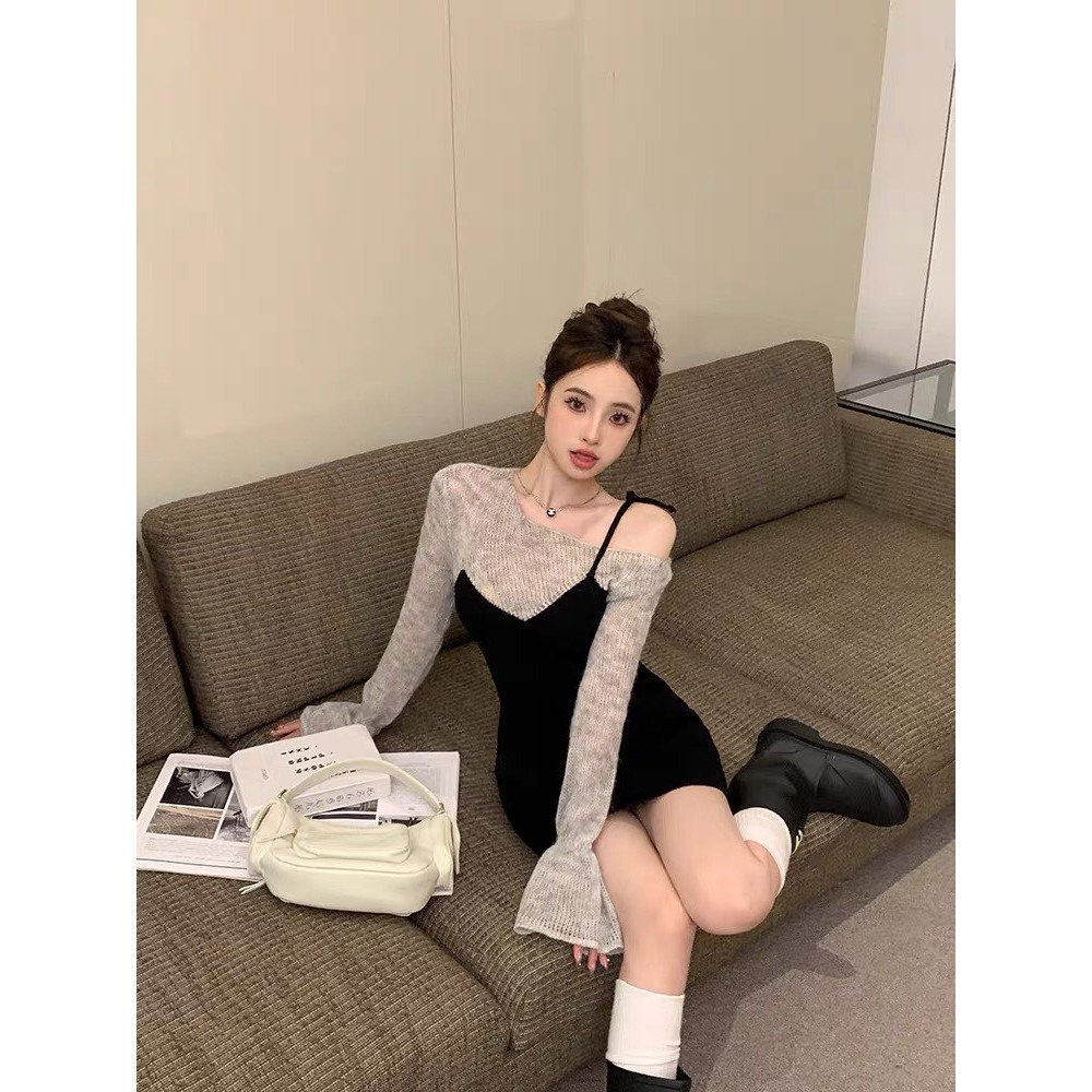 SET ĐẦM XÁM BẸT CUỐN BIÊN GÂN TĂM TAY LOE BODY SUÔNG + ĐẦM YẾM CỘT DÂY 1 BÊN