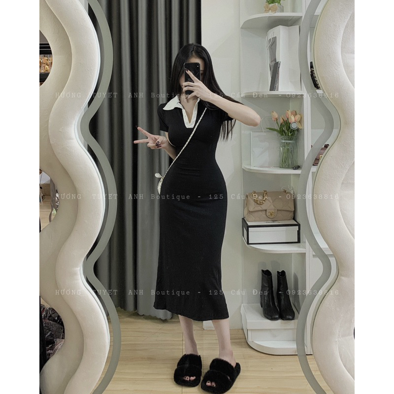 Đầm gân dài cổ sơmi