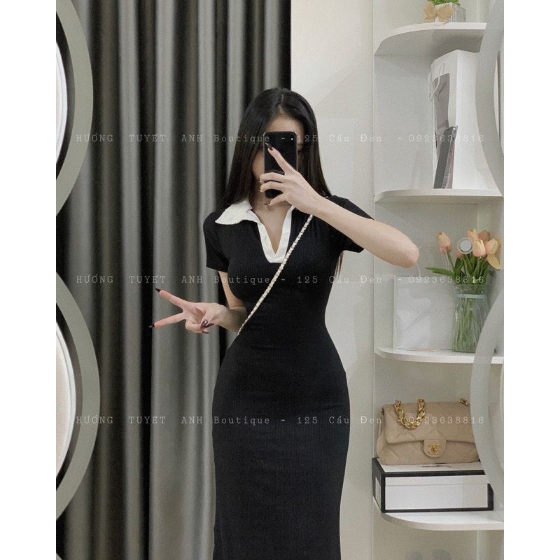 Đầm gân dài cổ sơmi