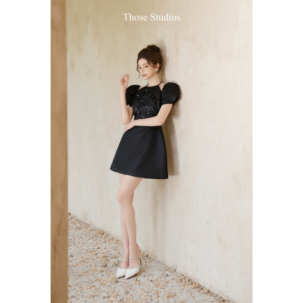 Đầm tiểu thư dự tiệc, đầm đen đính nơ Those Studio tay phồng nữ tính Selina Dress