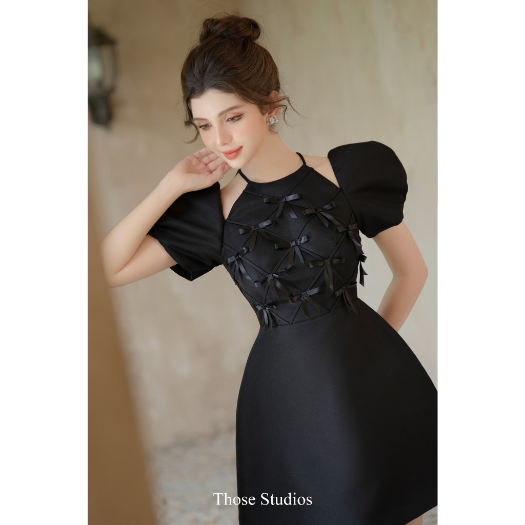 Đầm tiểu thư dự tiệc, đầm đen đính nơ Those Studio tay phồng nữ tính Selina Dress