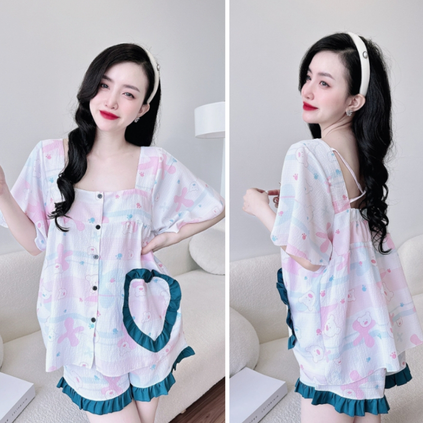 Đồ Bộ Đũi Xốp Mặc Nhà Bộ Ngủ Nữ Pijama Tay Ngắn Quần Đùi Chất Liệu Đũi Xốp Bigsize 50-100kg