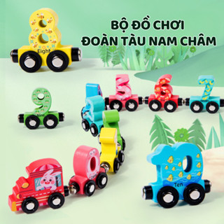 Đồ chơi đoàn tàu nam châm với 12 toa số bằng gỗ, đồ chơi thông minh giáo dục cho bé phát triển tư duy trí tuệ